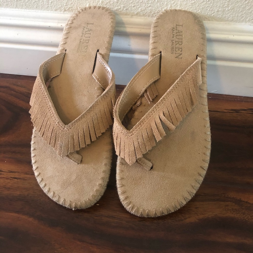 Ralph Lauren Suede Leather Fringe Top Flip Flop